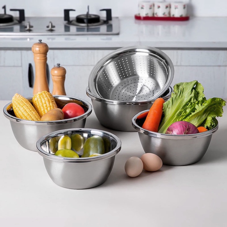 Bộ 5 Thau Rổ Inox Rửa Rau Củ Quả Có Thể Dùng Làm Bát Trộn Salad Dày Dặn Siêu Tiện Dụng Cho Nhà Bếp (LH3) (TT65)