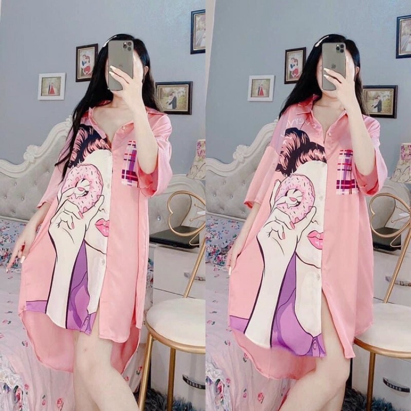 Đầm ngủ sơ mi mặc nhà Lụa satin freesize (bầu bí và mẹ bỉm bon chen thoải mái) | BigBuy360 - bigbuy360.vn