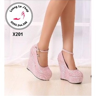 Giày đế xuồng 15cm da nhũ quai vòng cổ chân 2 màu hồng bạc ms X201