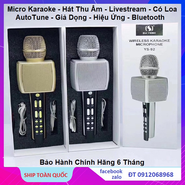 Micro Magic Karaoke YS-92 - Micro Karaoke kèm Loa Bluetooth 3 trong 1 - Thu Âm - Live stream - Karaoke online - Loa Hay