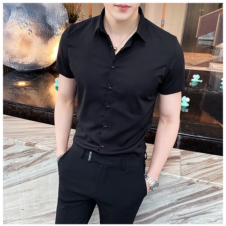 Áo Sơ Mi Nam  NGẮN TAY CAO CẤP  2 MÀU ĐEN TRẮNG Chất liệu lụa , không nhăn, thoáng mát, thấm hút mồ hôi(SMN)