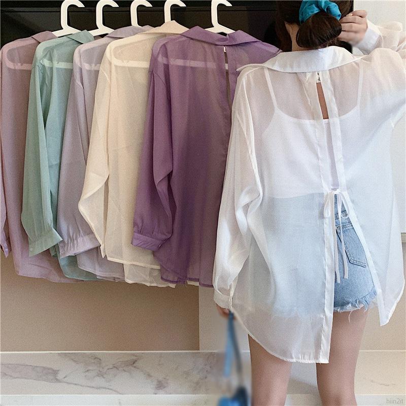 Áo Sơ Mi Chiffon Lụa Lạnh Mỏng Tay Dài Dáng Rộng Xẻ Lưng Thời Trang Mùa Hè Cho Nữ