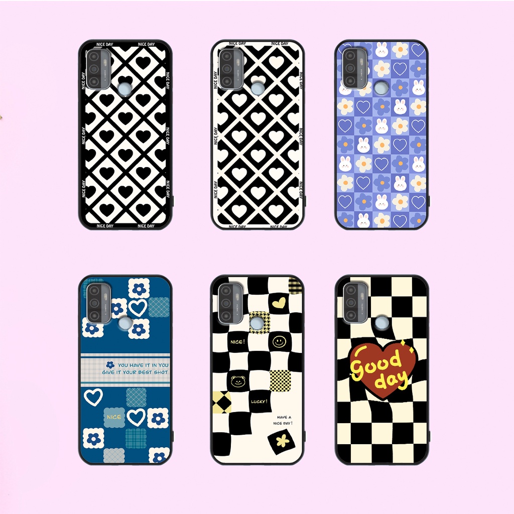 Ốp lưng Oppo A53 in hoạ tiết caro trái tim đen trắng, gấu bear cute đáng yêu