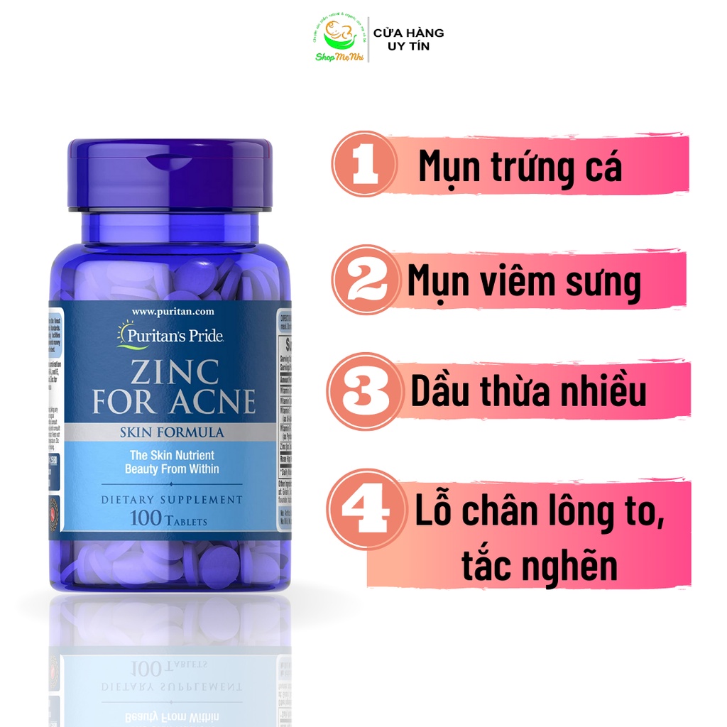 Viên uống kẽm giảm mụn Zinc For Acne Puritan's Pride cho da dầu mụn 100 viên.