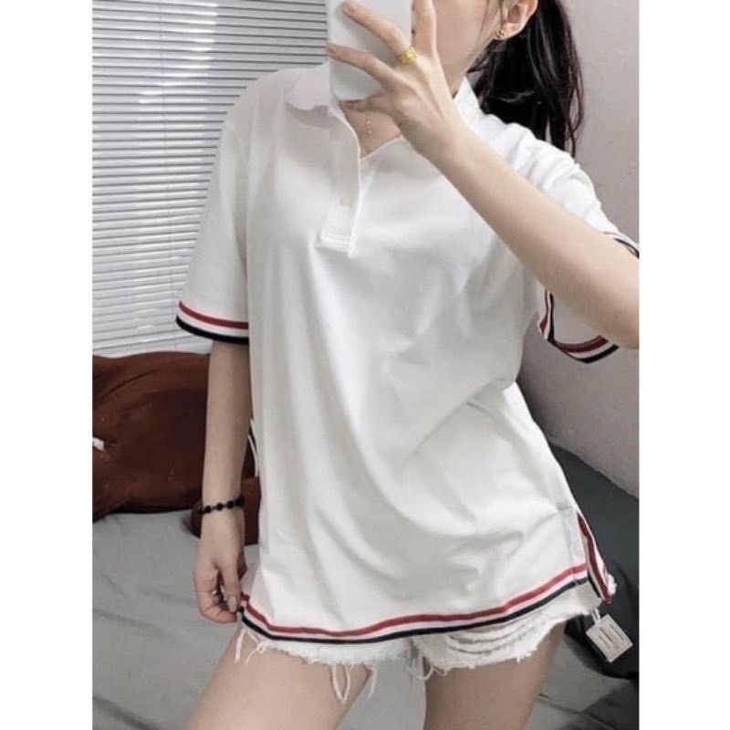 Áo Thun POLO Unisex Form Rộng Viền Sọc 2 Màu Trắng đen cực ngầu