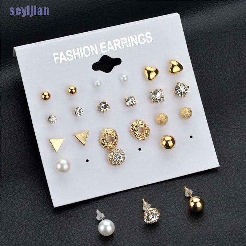Set 12 Khuyên Tai Đính Đá Thời Trang Cho Nữ
