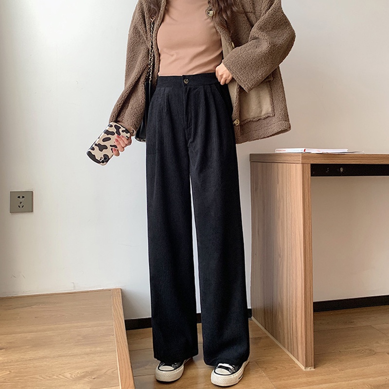 Quần dài ZHELIHANGFEI vải nhung ống rộng lưng cao thời trang cá tính