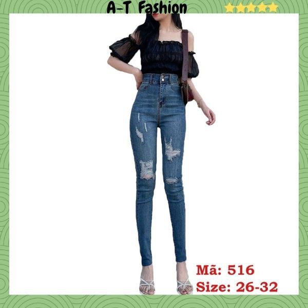 Quần jean Nữ Mẫu Mới ❤️FREESHIP❤️ Quần Bò Nữ Xanh Phối Rách Lưng Cao Tôn Dáng 2 Nút Chuẩn Skinny Có size đại - Mã 516