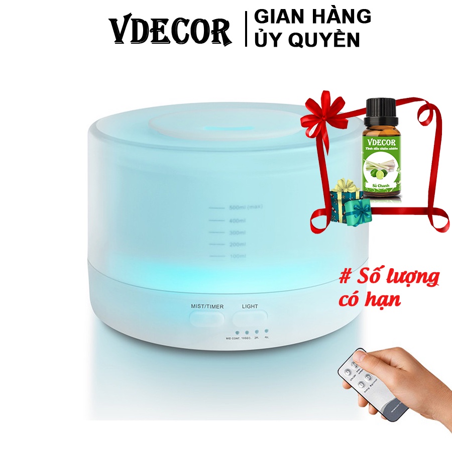 Máy xông tinh dầu Vdecor trụ Ngọc Tuyết siêu âm cao cấp tích hợp led 7 màu LOA  bluetooth | Kèm remote | TẶNG TINH DẦU