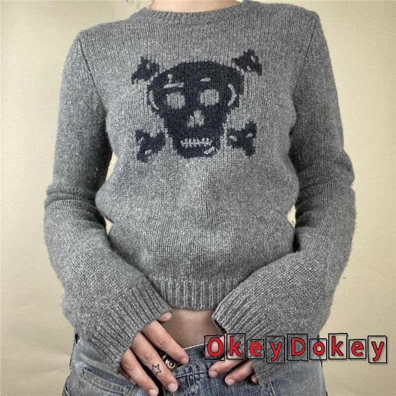 Áo Croptop Tay Dài Màu Xám In Hình Đầu Lâu y2k Thời Trang Cho Nữ