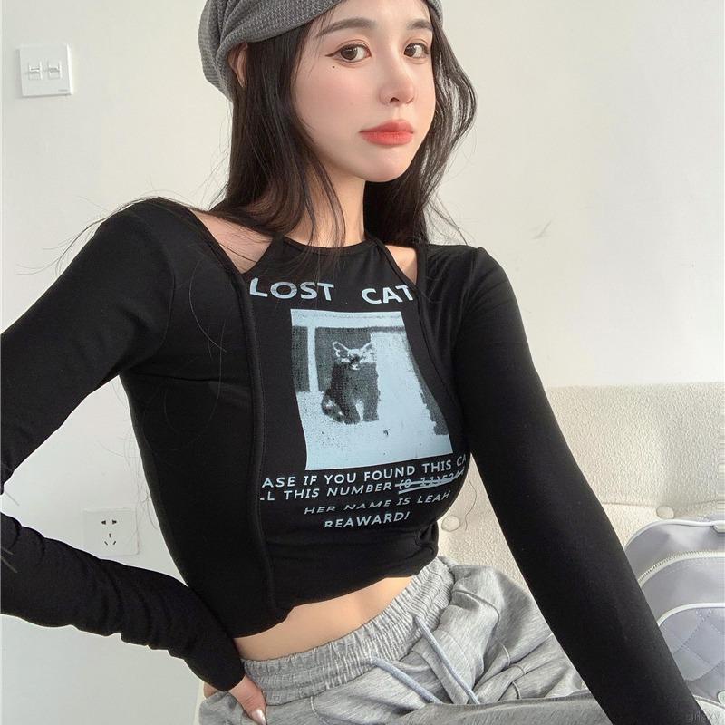 Áo thun lửng tay dài khoét vai gợi cảm cho nữ