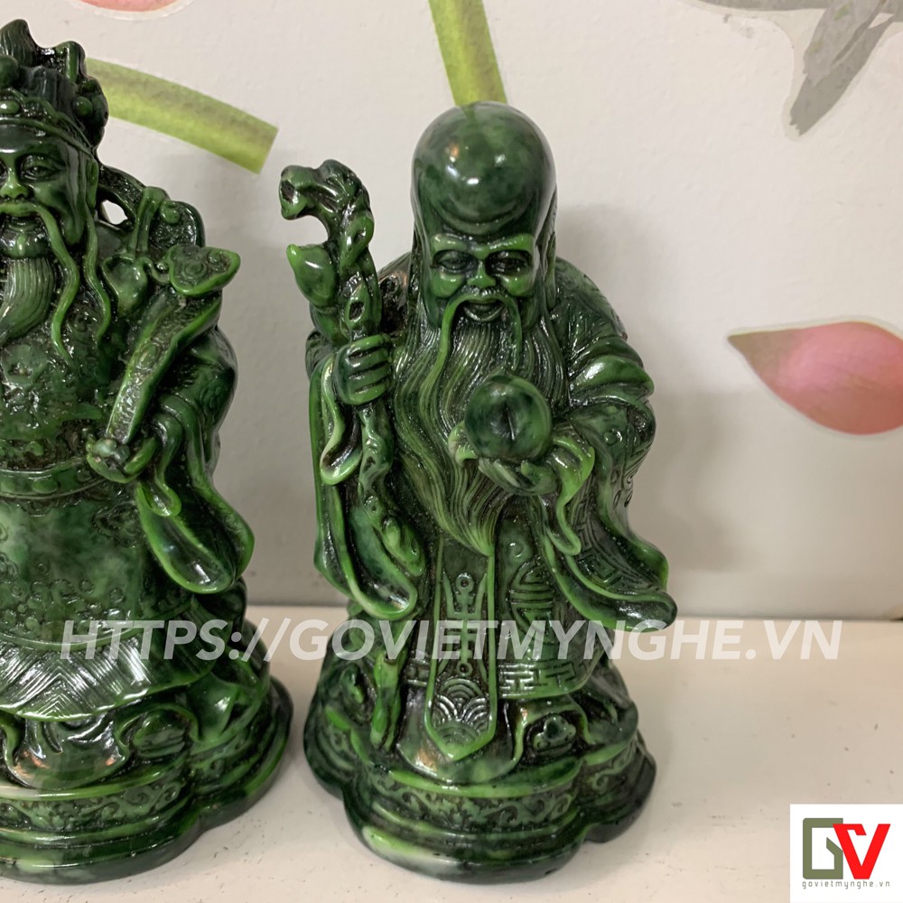 Tượng đá trang trí Phúc Lộc Thọ - Bộ 3 tượng Phong Thủy Phúc Lộc Thọ - Màu Xanh Lục Bích - Chiều cao 14cm