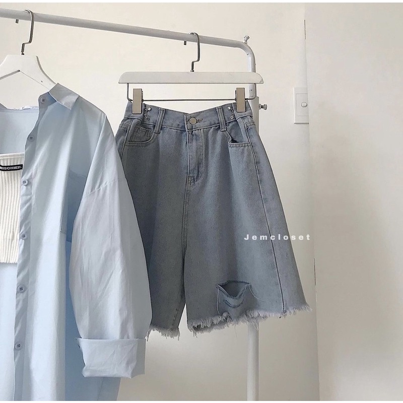 Quần jeans ngố nữ móc eo rách 2 line