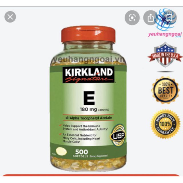 VITAMIN E 180MG (400 IU) KIRKLAND 500 VIÊN CỦA MỸ