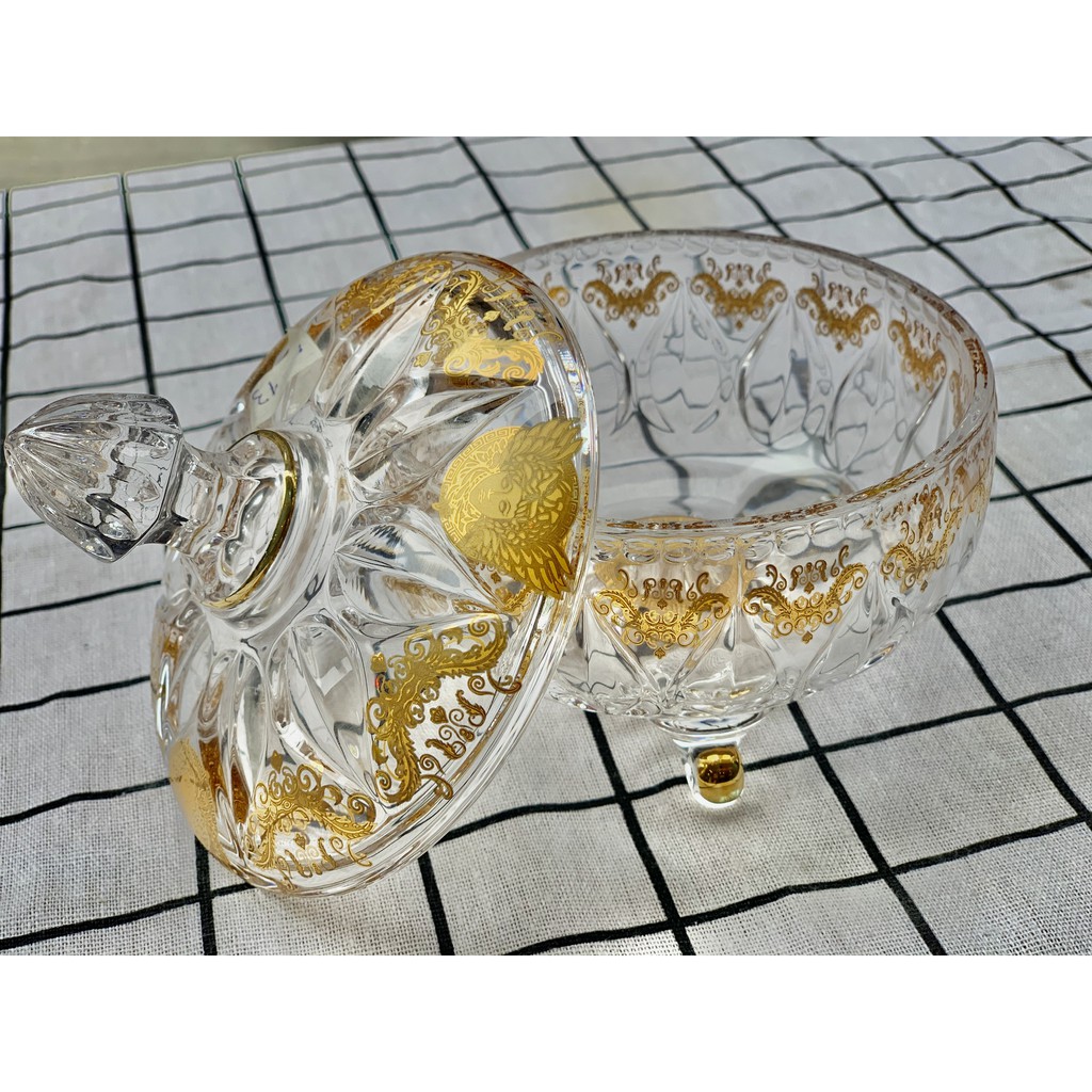 [Sỉ] Âu thố hũ pha lê có chân mạ vàng có nắp đậy đựng ô mai mứt bánh kẹo sang trọng cao cấp dày dặn đẹp M3