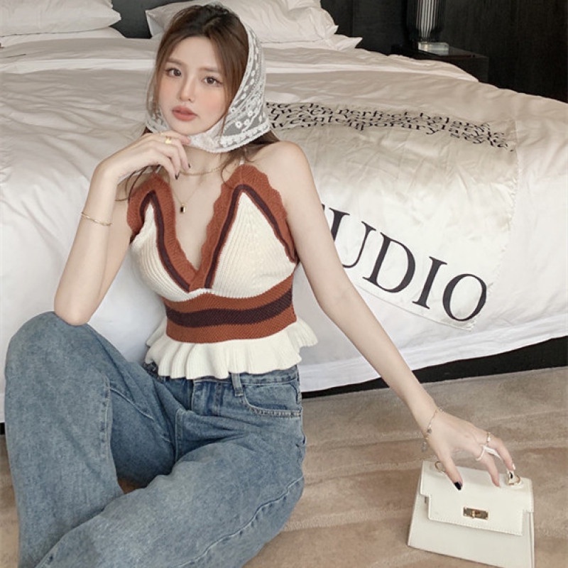 Áo Hai Dây Dệt Kim Cổ Chữ V Quyến Rũ Thời Trang Cho Nữ