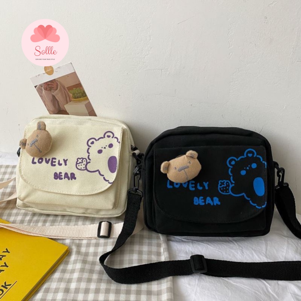 Túi canvas đeo chéo vai nữ đi học nhiều ngăn in hình Gấu đáng yêu đen trắng Sollle
