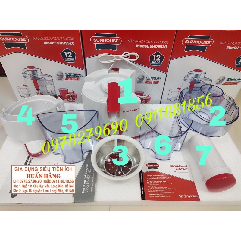 LINH KIỆN MÁY ÉP HOA QUẢ SUNHOUSE SHD5520: dao ép,khay nước,khay bã,thanh đẩy,nắp trên..