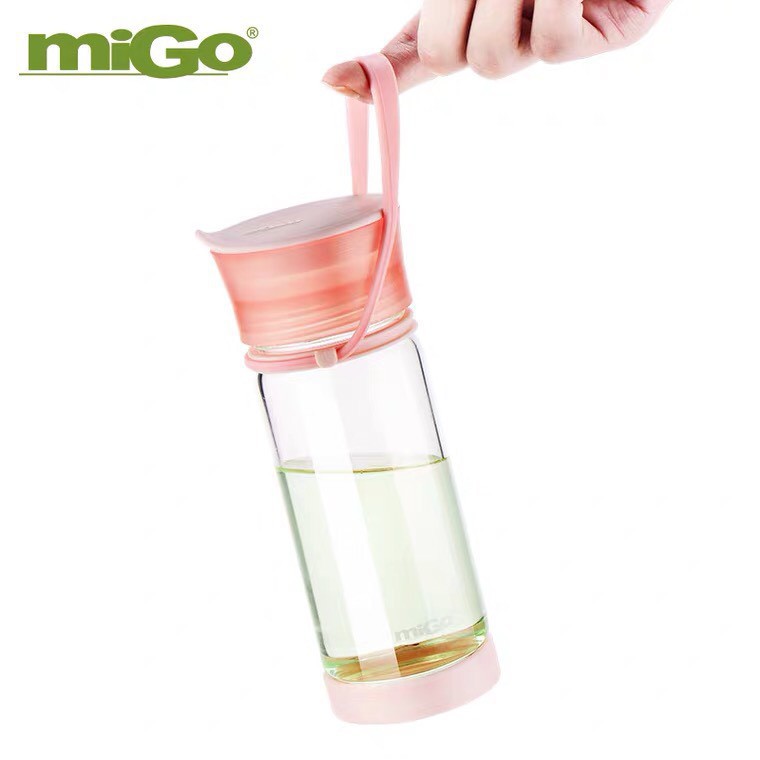 💥2054💥Bình nước thủy tinh MIGO 380ml chịu nhiệt tốt, có ngăn để trà, chống trơn trượt, rò rỉ nước