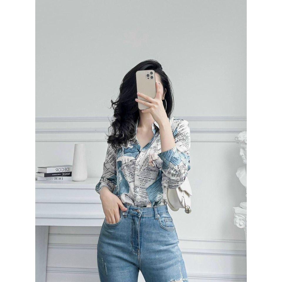 Áo Sơ Mi Dài Tay Nữ Vải Lụa Hàn Quốc, Áo Công Sở Nữ Dài Tay, Áo Sơ Mi Dài Tay Nữ Họa tiết In Báo