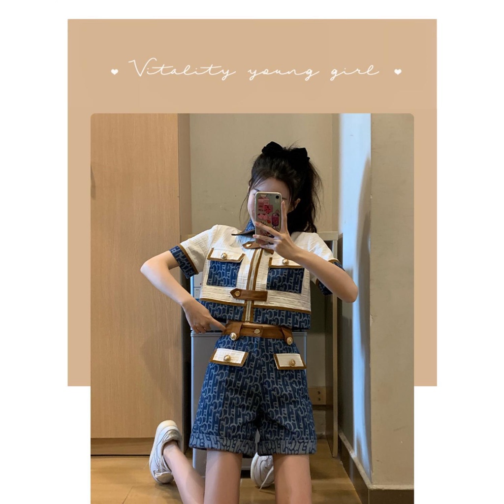 Set áo và quần short phối denim phong cách thời trang hè 2022 trẻ trung năng động dành cho nữ