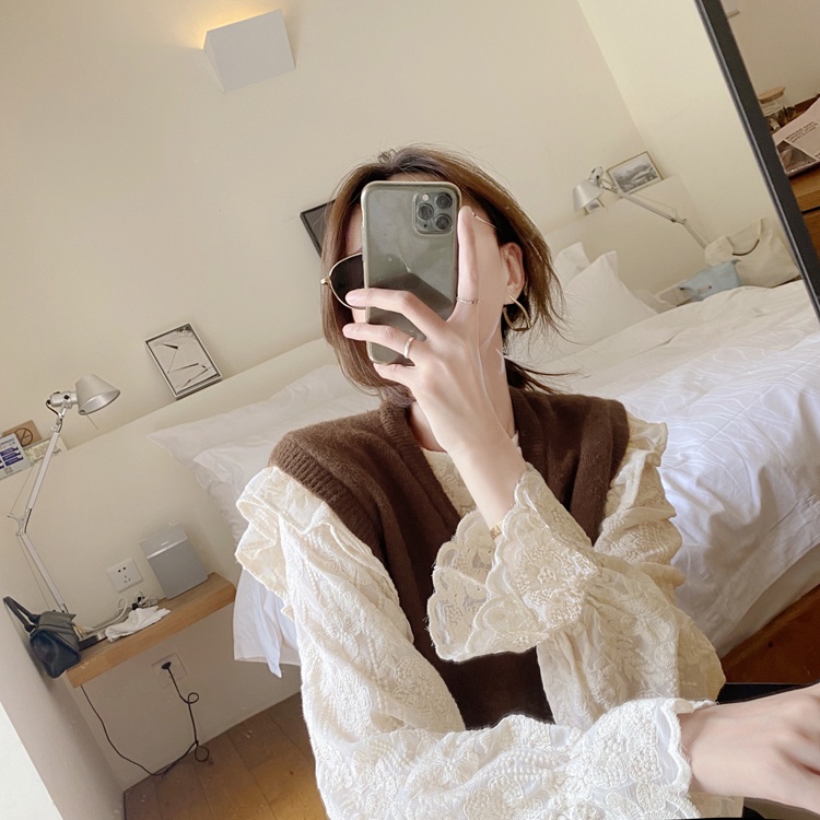 Áo sơ mi kiểu tay dài phối ren dễ thương thời trang cho nữ