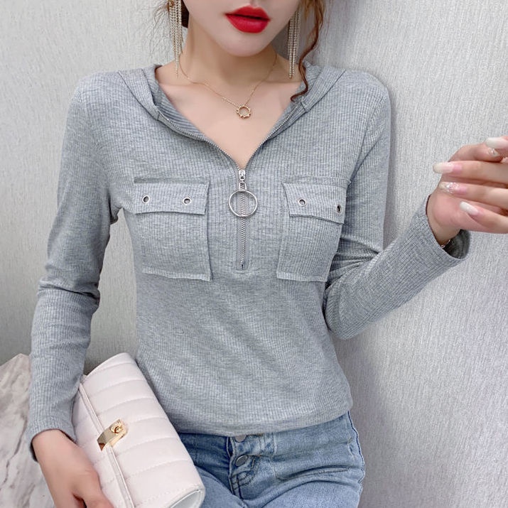 Áo thun có nón tay dài cổ chữ V có khóa kéo 95% cotton thời trang mùa xuân quyến rũ cho nữ 2021