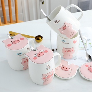 Cốc sứ hoa văn Pig cao cấp (4 mẫu) kèm thìa cán sứ