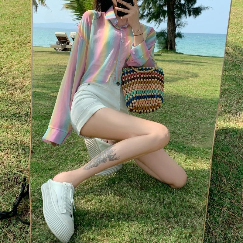 Áo Sơ Mi Ngắn Kẻ Sọc Màu Sắc Thời Trang Mùa Hè Hàn Quốc Cho Nữ