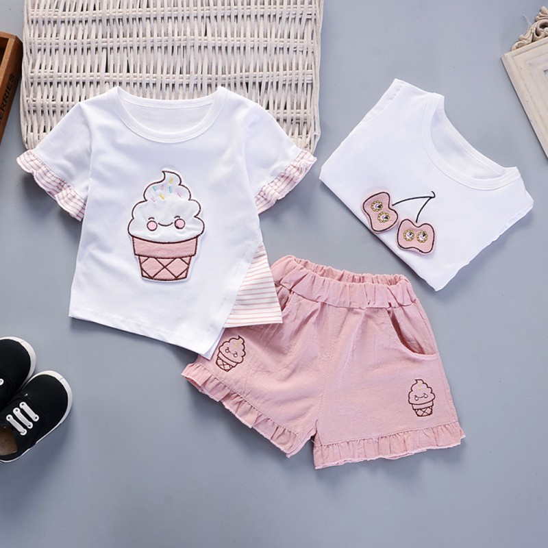 Bobora Set Áo Thun Tay Lỡ In Hình Trái cherry + Quần Short Thời Trang Cho Bé Gái