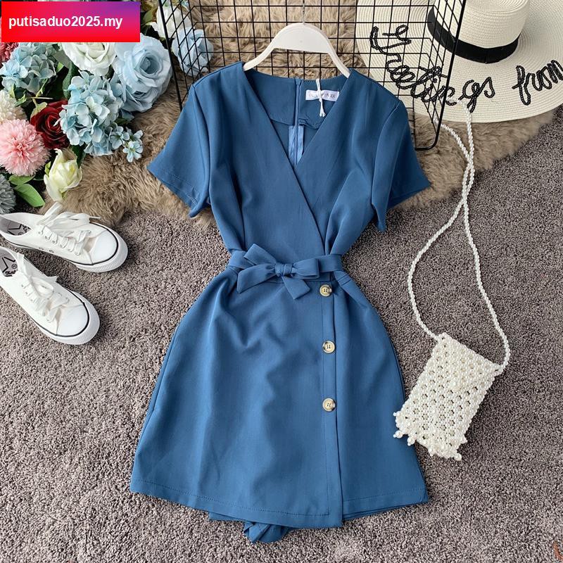 Jumpsuit Tay Ngắn Cổ Chữ V Ống Rộng Thời Trang Đi Biển Mùa Hè