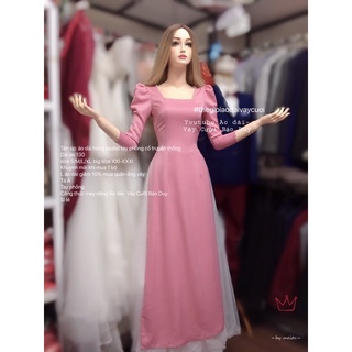 Áo dài hồng cổ vuông tay phồng thanh lí