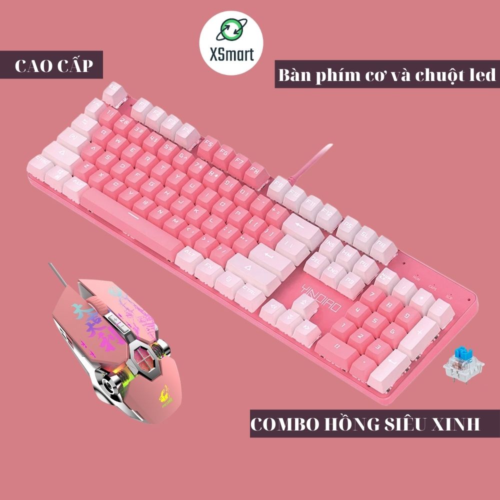 COMBO bàn phím cơ và chuột có đèn LED nhiều chế độ màu Hồng cute cho cả nam và nữ T900 trắng hồng+V8 PINK