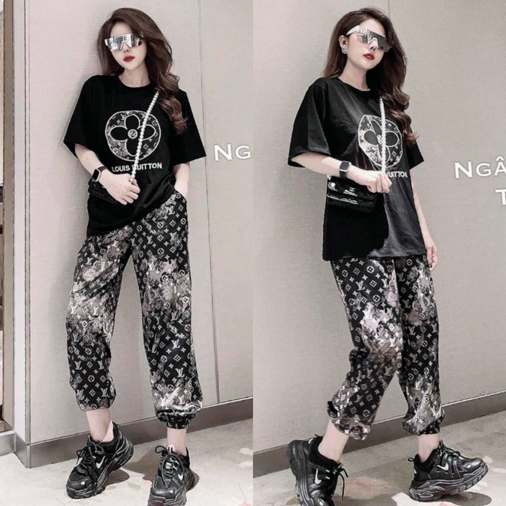 SET BỘ THỜI TRANG FOM RỘNG PHỐI HỌA TIẾT LV HOA THÊU