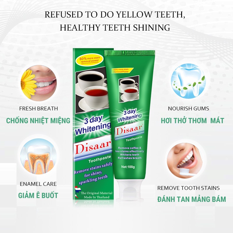 Kem bột đánh trắng răng thái lan brighten DISSAR chính hãng, loại bỏ mảng bám, ổ vàng, cao răng, răng vàng