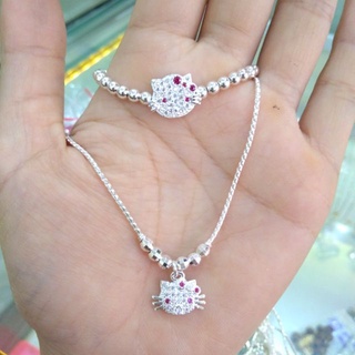 Set bộ bạc set lắc bi và dây chuyền mèo hello kitty đính đá trắng nhỏ xinh cho bé - HTJ- Bạc ta BO0373
