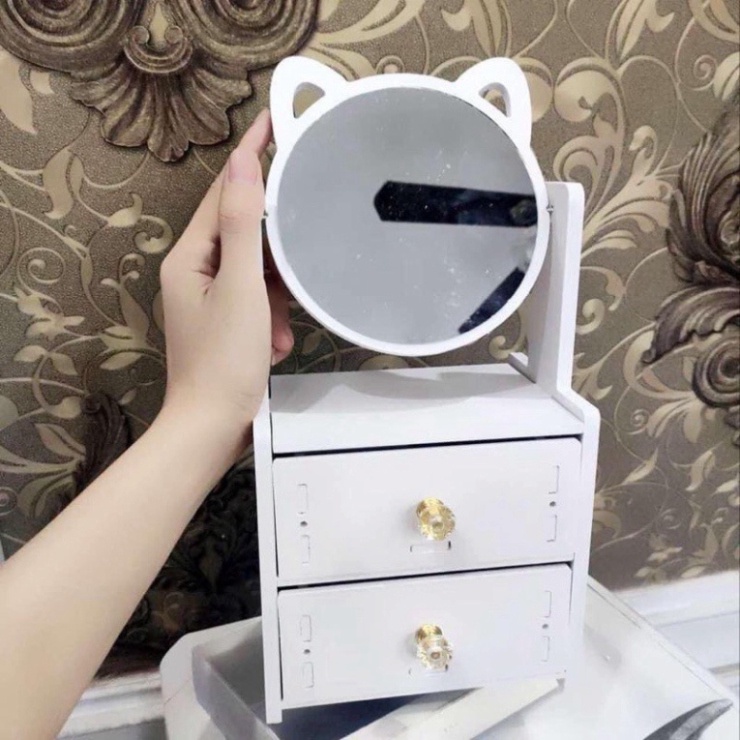 Kệ Mỹ Phẩm Mini, Kệ Để Đồ Trang Điểm Có Kèm Gương Tai Mèo Dễ Thương
