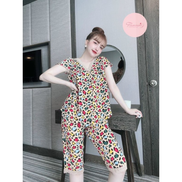 Đồ Bộ Tay Ngắn Quần Lửng Viền Ren Lụa Mango Chính Hiệu Flamingo 40-58kg