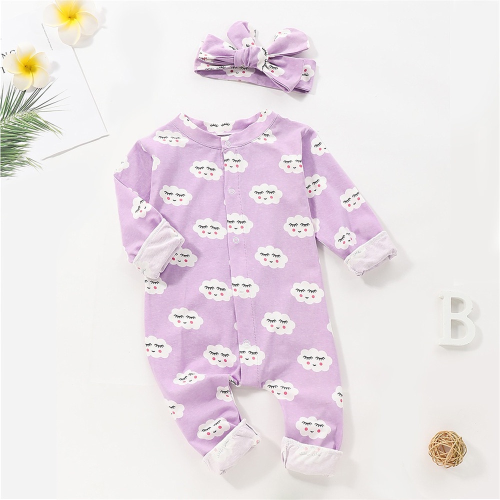 Mikrdoo Newborn Baby Boy Girl Bodysuit Long Sleeve Cloud Print Cotton Romper + Headband 2PCS Clothing
