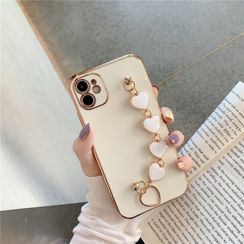 iPhone 12 Pro Max Case Luxury Gold Plated Heart Bracelet Hand Strap Cover  iPhone PRO MAX 11 XS MAX XR X XS 7 8 Plus Case