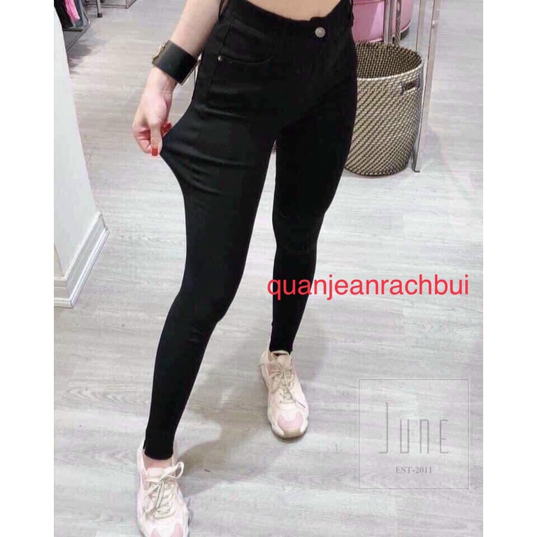 Quần jean nữ rách gối chữ thập lưng cao dáng skiny màu đen co giãn