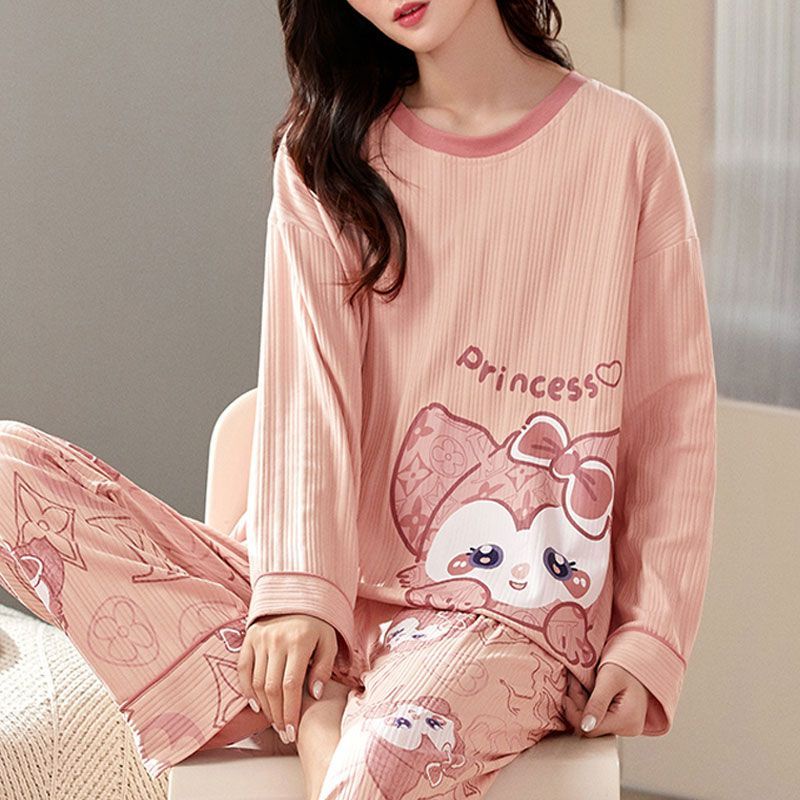 Bộ Đồ Ngủ Tay Dài 100% Cotton Dáng Rộng Dễ Thương Dành Cho Nữ