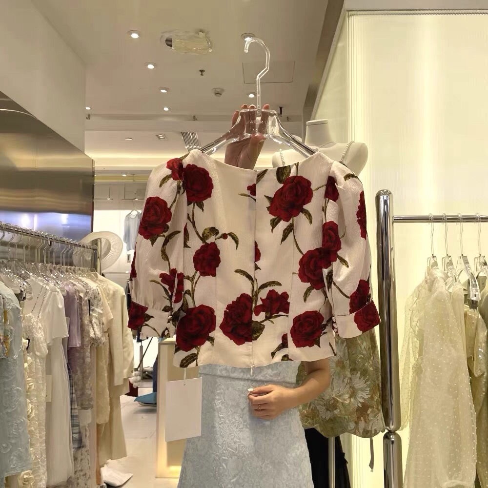 Áo Hoa Tay Phồng Cổ Vuông Lưng Cao Thời Trang Xinh Xắn Cho Nữ  tao bao