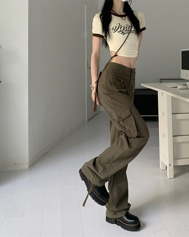 Quần jean Peppermint 52741 lưng cao ống suông phối nhiều túi phong cách thời trang retro Mỹ