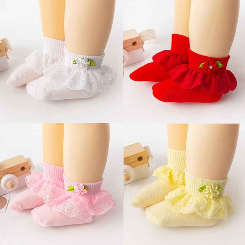 Vớ cotton cổ bèo đính hoa cho bé gái
