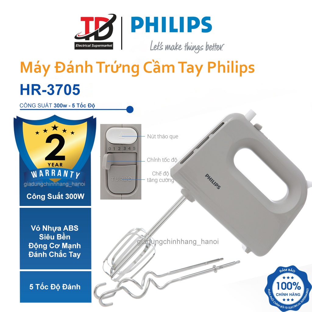 [Mã ELHAMS5 giảm 6% đơn 300K] Máy Đánh Trứng Philips HR3705 - Công Suất 300W - Bảo Hành Chính Hãng 2 Năm