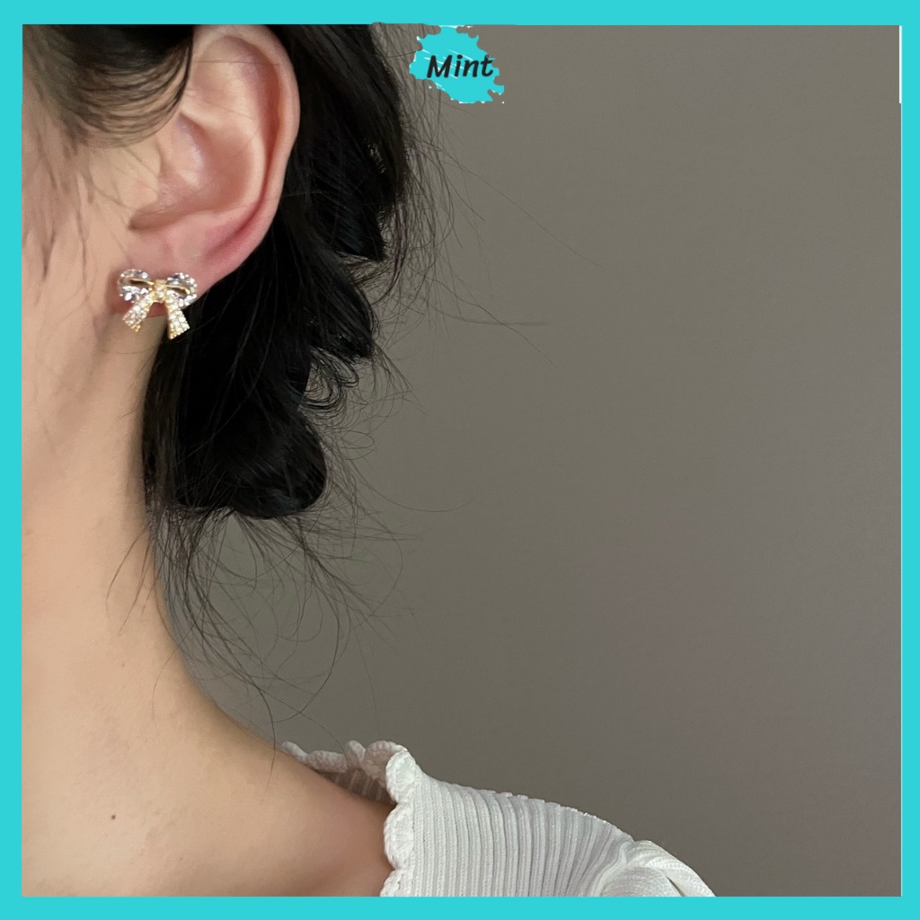 Bông Tai Nữ ❤️KHÔNG GÂY DỊ ỨNG❤️ Khuyên Tai Chuôi Bạc S925 Hình Nơ Đính Đá Trong Suốt Sang Chảnh