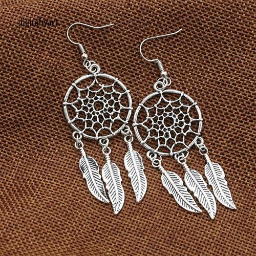 Đôi khuyên tai thiết kế dreamcatcher đính lông vũ phong cách Bohemian cá tính sang trọng dành cho nữ