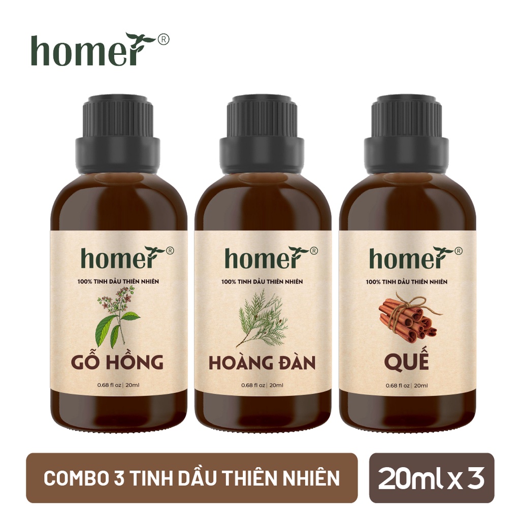 Combo 3 tinh dầu Gỗ Hồng + Hoàng Đàn + Quế Homer 20ml/chai