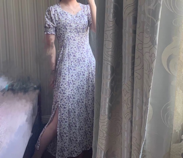 (Sẵn) Váy đầm maxi hoa tím xẻ tà dáng dài tay ngắn phồng | BigBuy360 - bigbuy360.vn